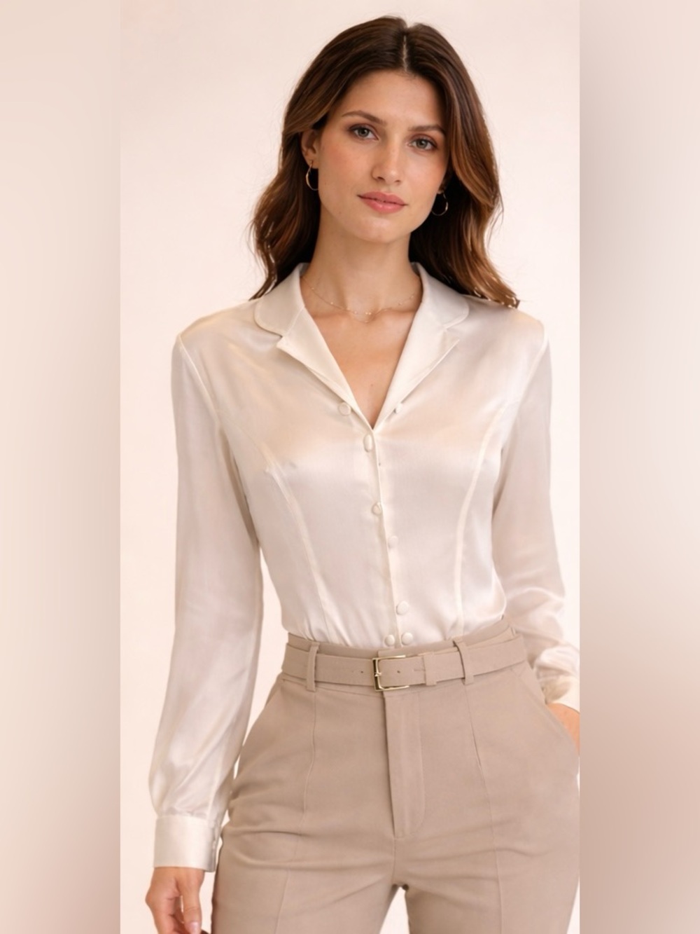 Aritzia Ivory Satin Button-Down Blouse